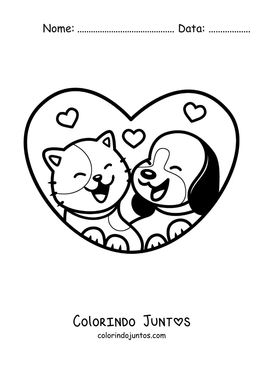 Desenho para colorir de urso e gato kawaii apaixonados em um coração