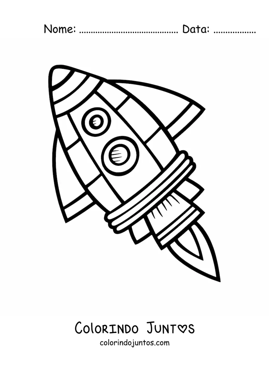 Desenho para colorir de um foguete espacial voando inclinado para a esquerda