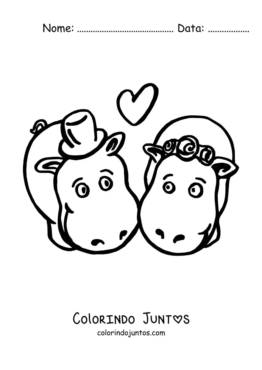 Desenho para colorir de casal de hipopótamos kawaii apaixonados