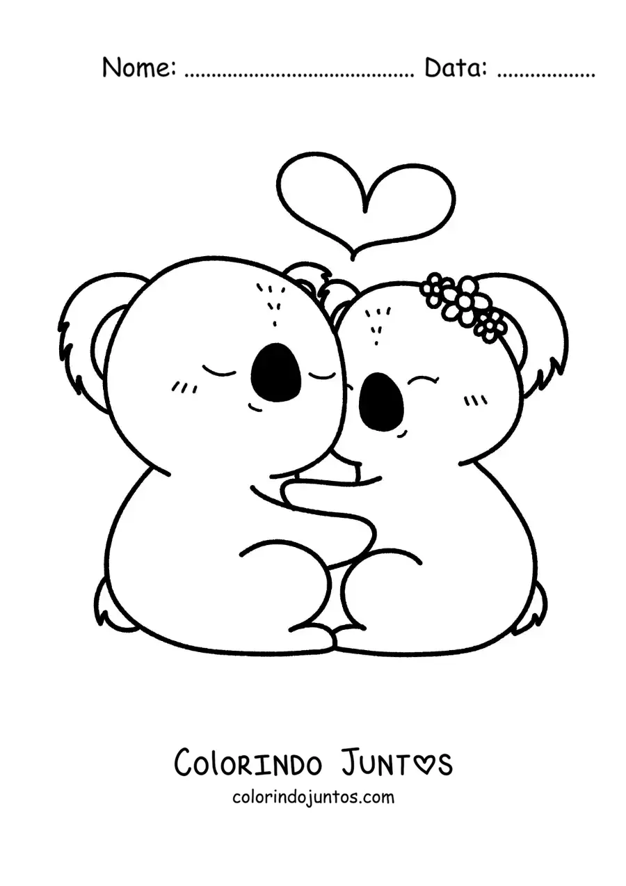 Desenho para colorir de casal de coalas kawaii apaixonados
