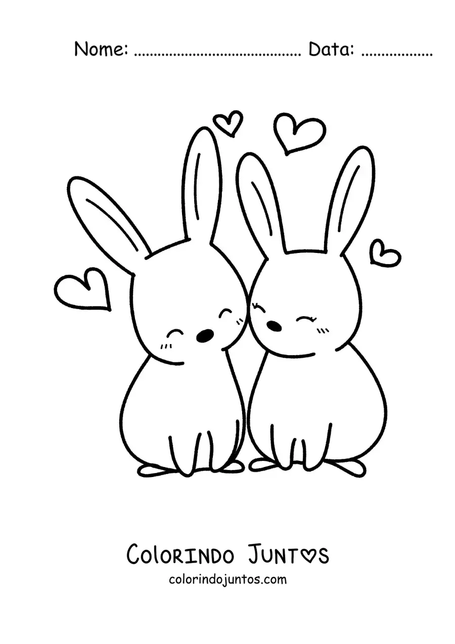 Desenho para colorir de casal de coelhos kawaii apaixonados