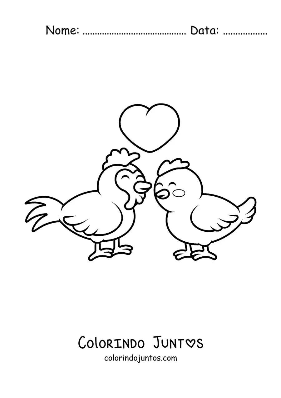 Desenho para colorir de casal de galo e galinha kawaii apaixonados