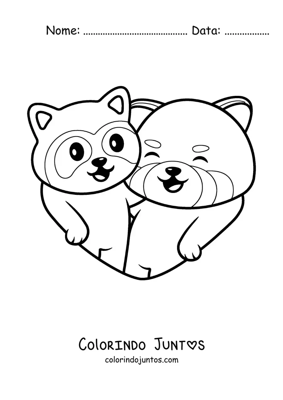 Desenho para colorir de casal de pandas-vermelhos animados apaixonados