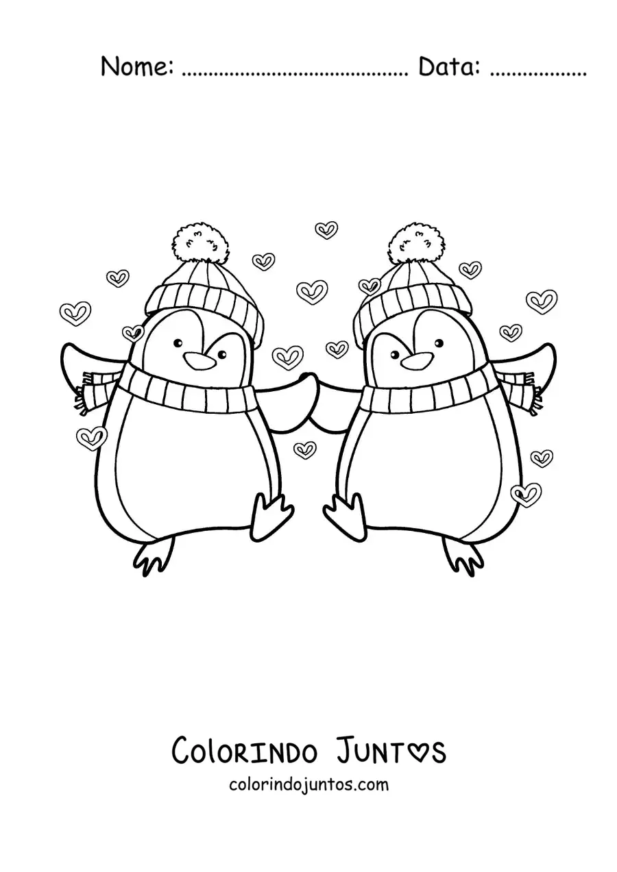 Desenho para colorir de casal de pinguins animados apaixonados