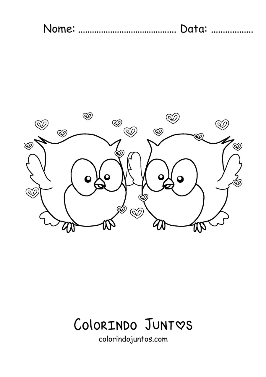 Desenho para colorir de casal de corujas animadas apaixonadas