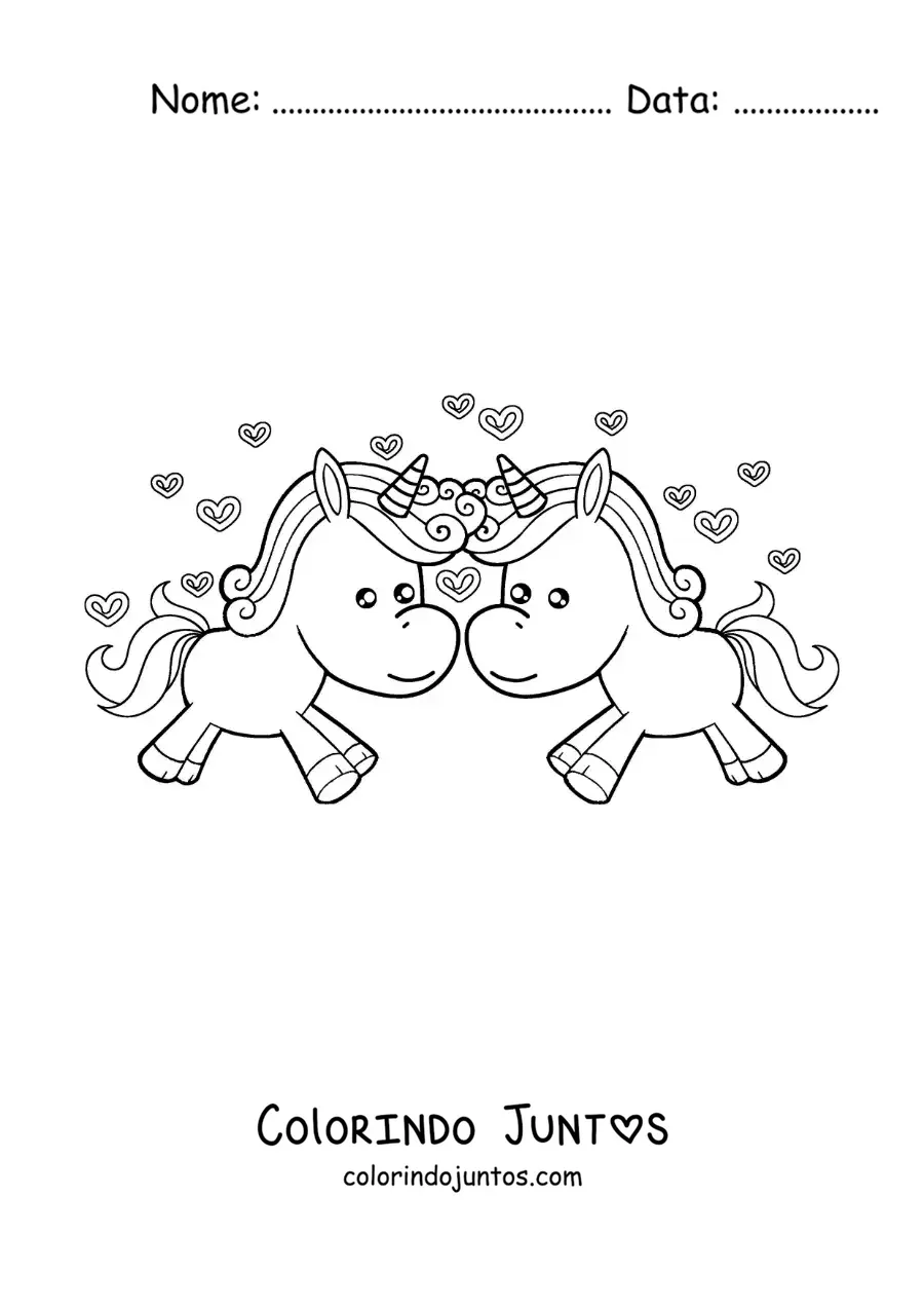 Desenho para colorir de casal de unicórnios animados apaixonados