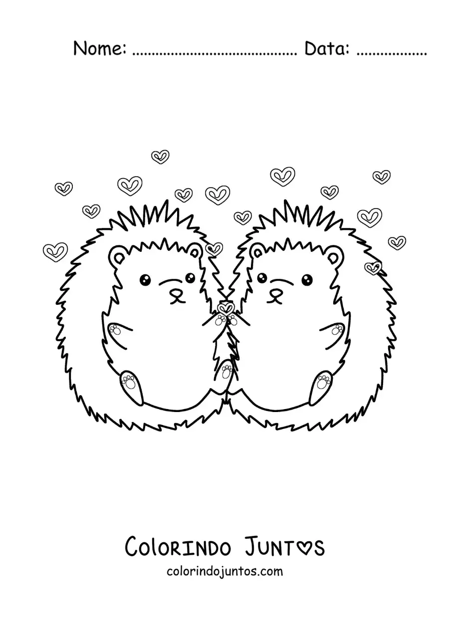 Desenho para colorir de casal de porcos-espinhos animados apaixonados