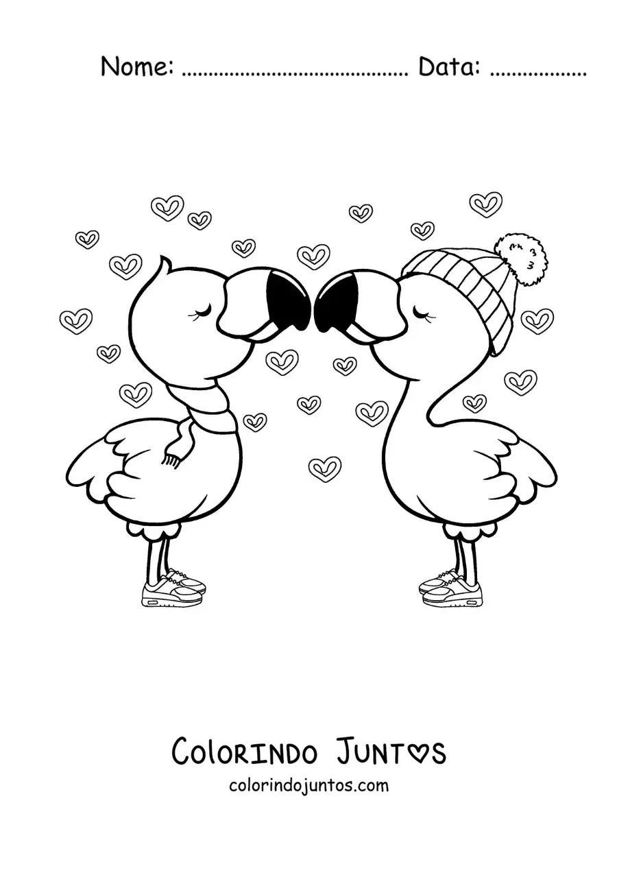 Desenho para colorir de casal de flamingos animados apaixonados