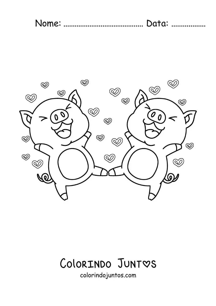 Desenho para colorir de casal de porquinhos animados apaixonados