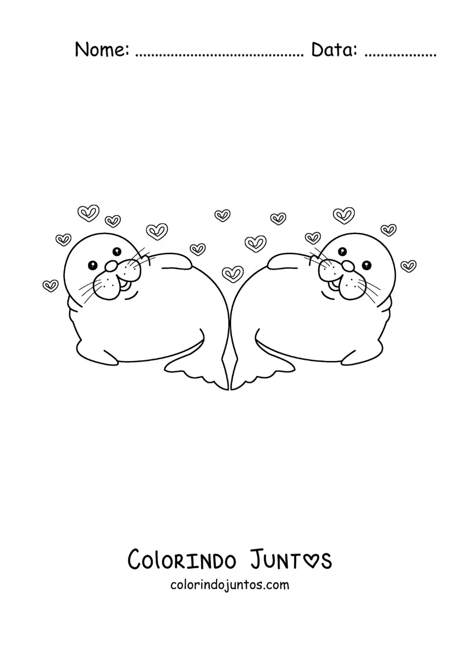 Desenho para colorir de casal de focas animadas apaixonadas