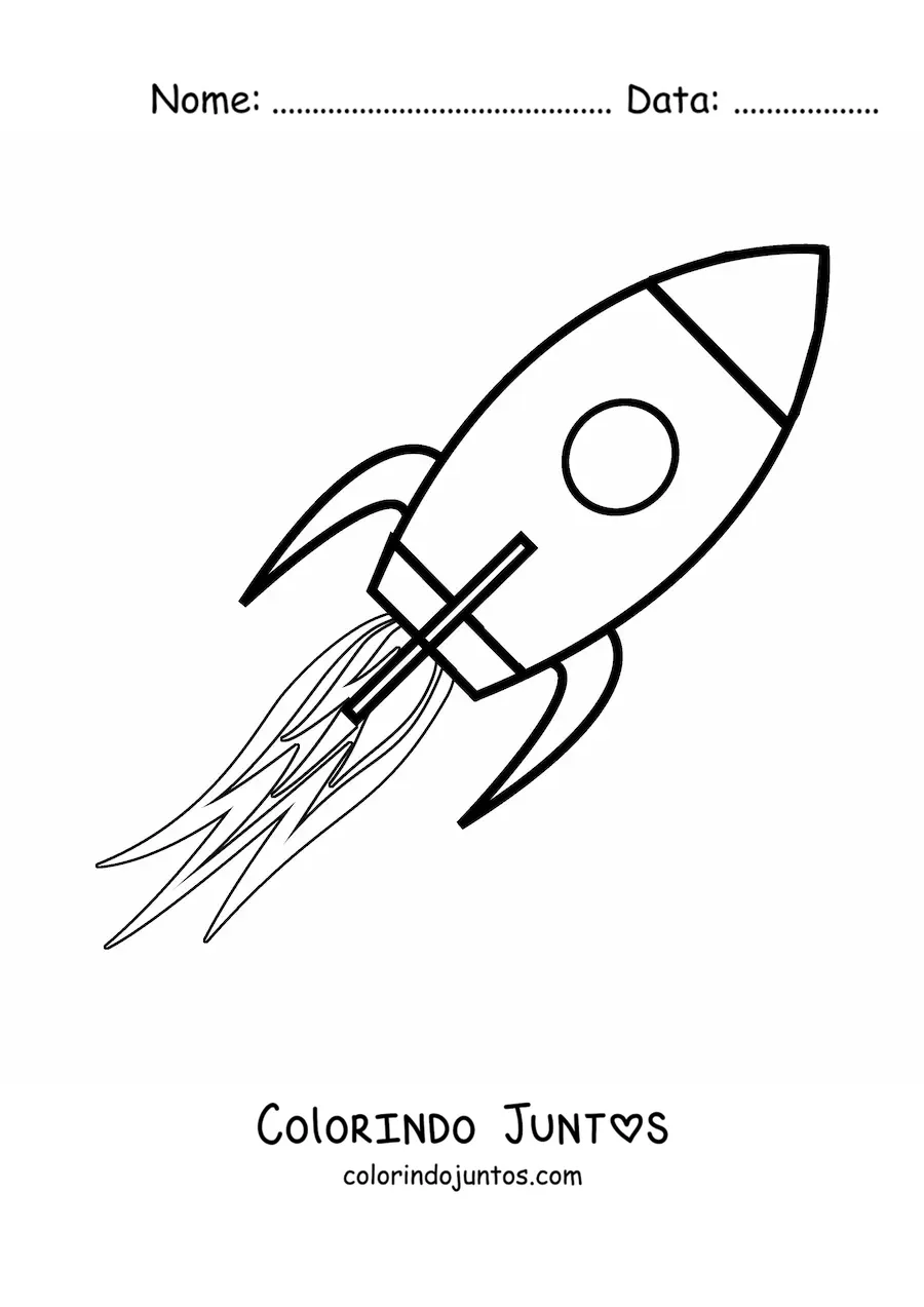 Desenho para colorir de um foguete espacial voando com propulsao