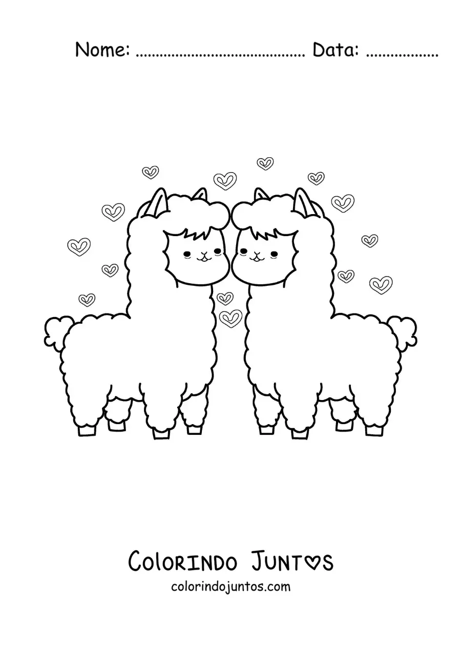Desenho para colorir de casal de alpacas animadas apaixonadas