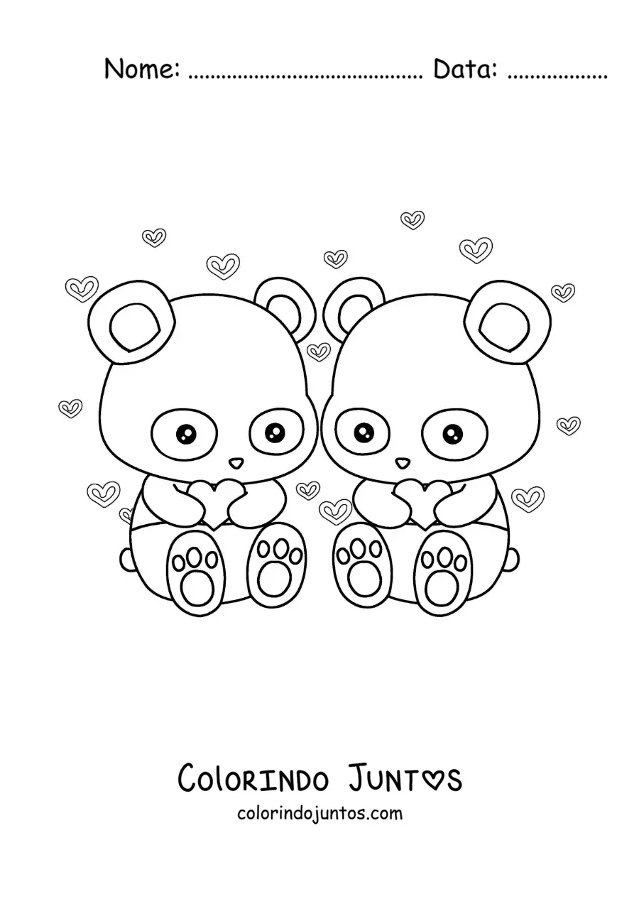 Desenho para colorir de casal de pandas animados apaixonados