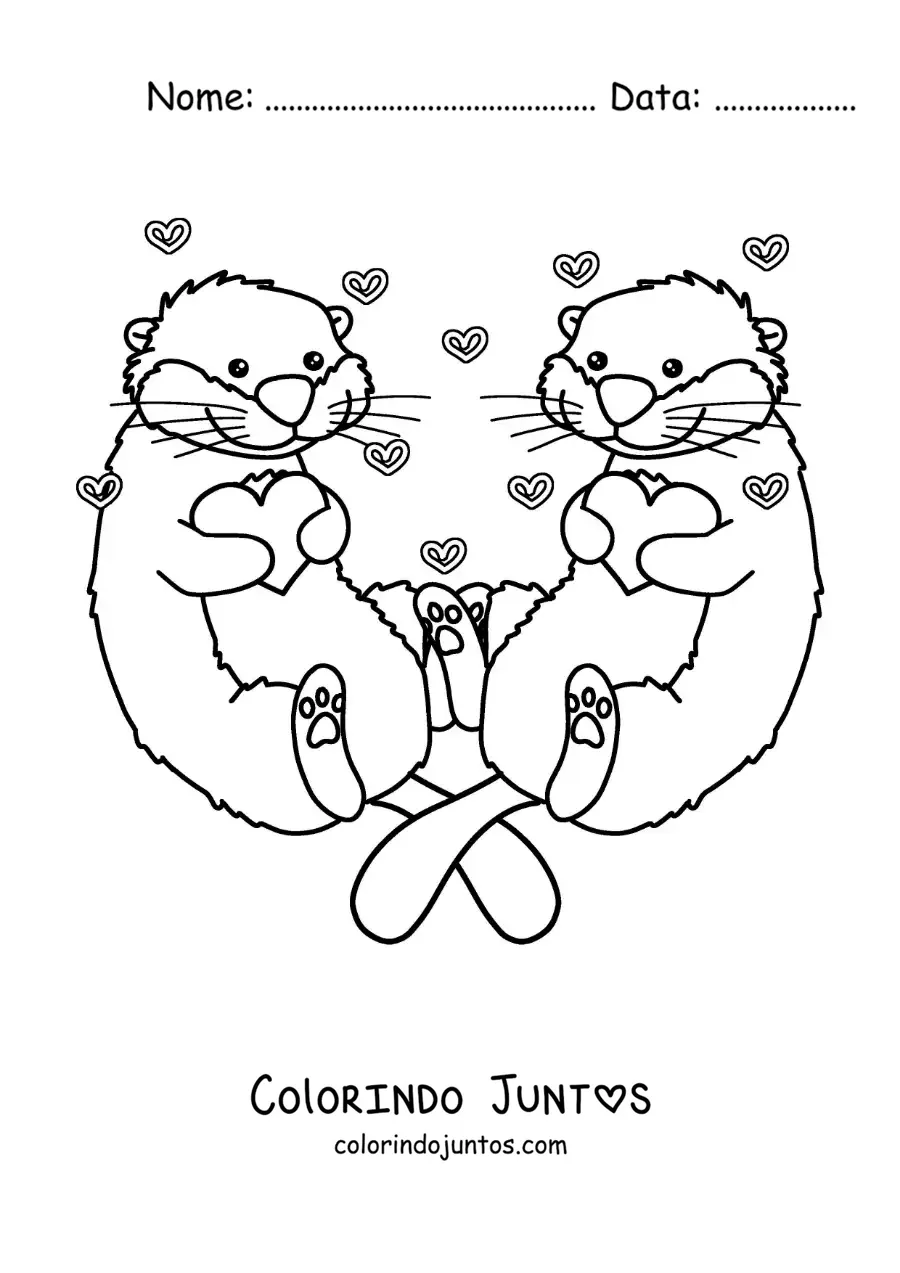 Desenho para colorir de casal de lontras animadas apaixonadas
