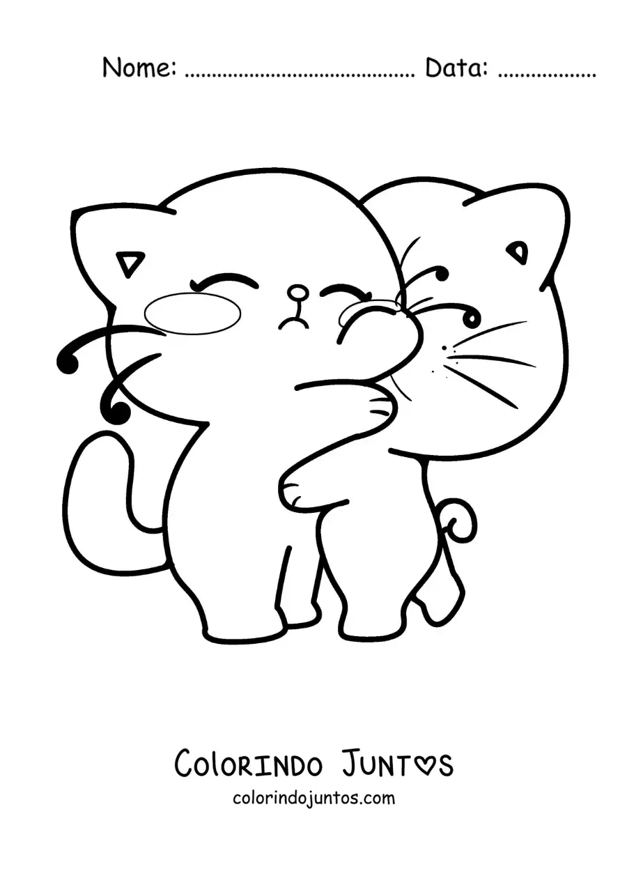 Desenho para colorir de casal de gatos apaixonados abraçados