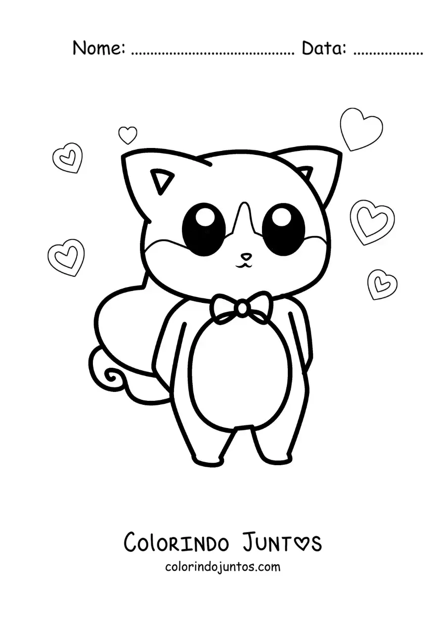 Desenho para colorir de gato kawaii elegante com um coração