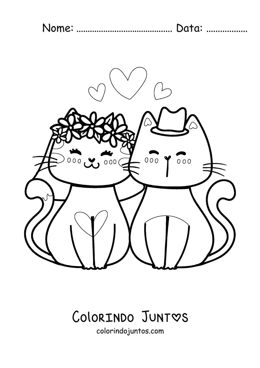 Desenho para colorir de casamento de gatinhos kawaii com corações