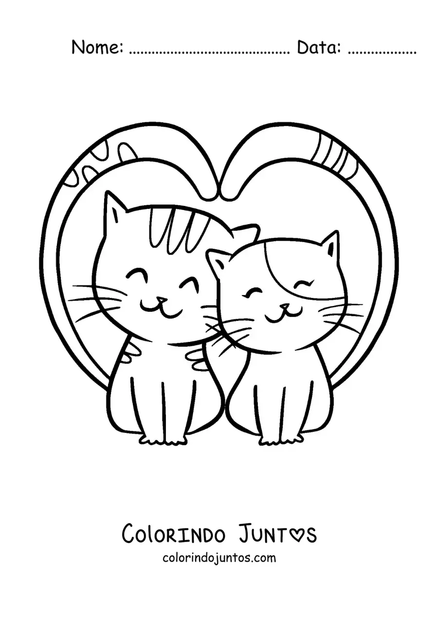 Desenho para colorir de gatos apaixonados com os rabos formando um coração