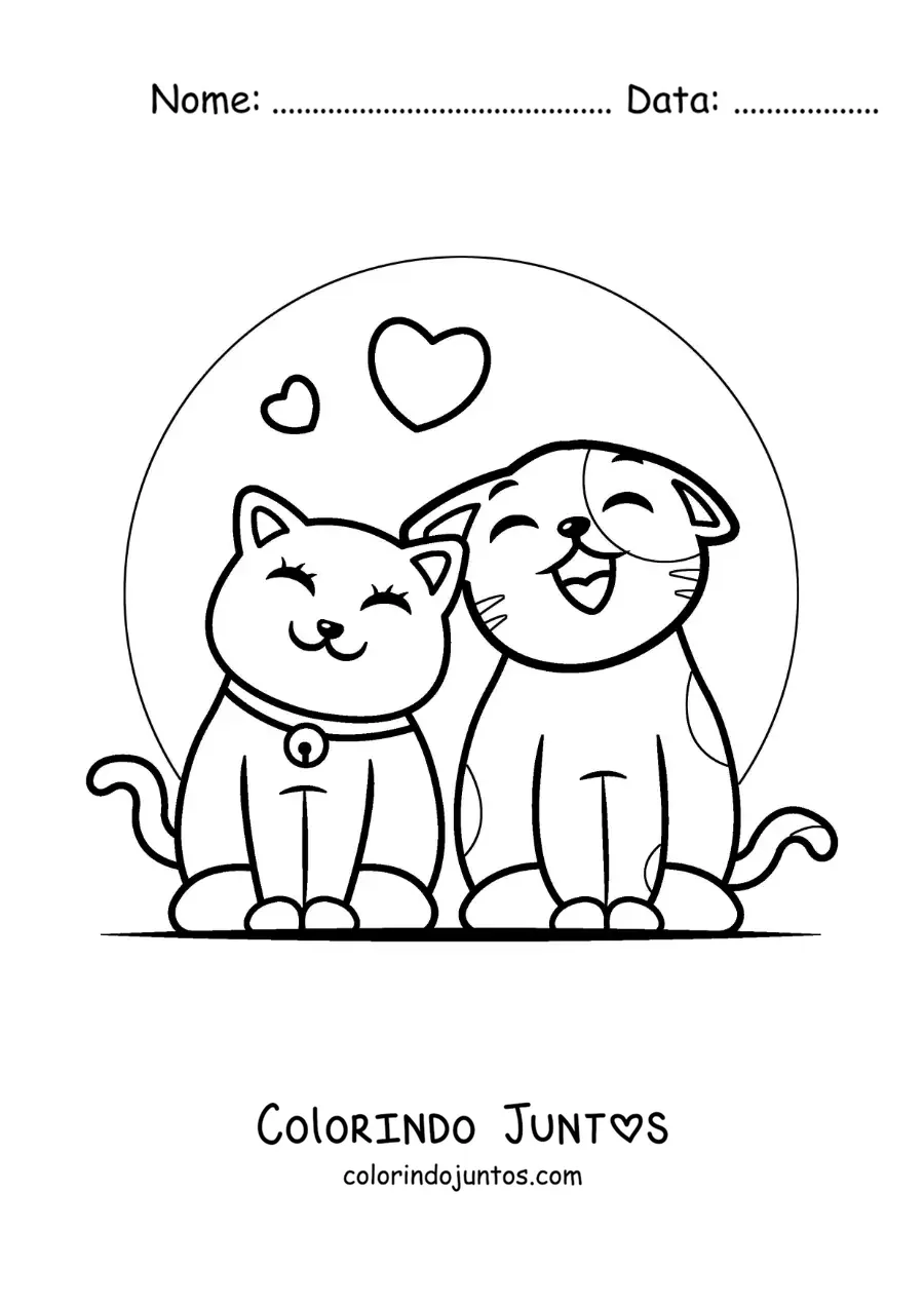 Desenho para colorir de gatos apaixonados miando com corações