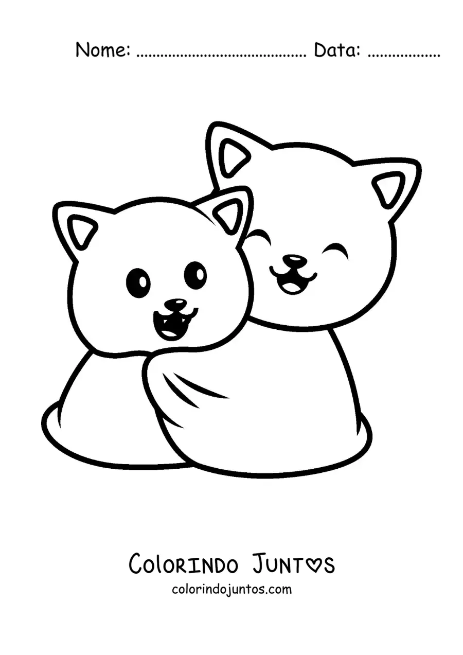 Desenho para colorir de casal de gatinhos abraçados juntos em uma manta