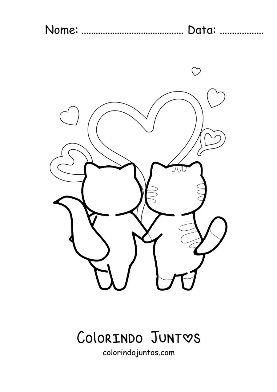 Desenho para colorir de casal de gatinhos de mãos dadas com corações