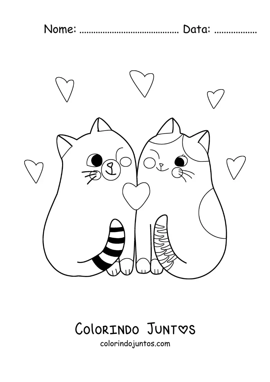Desenho para colorir de casal de gatinhos animados apaixonados juntos com corações