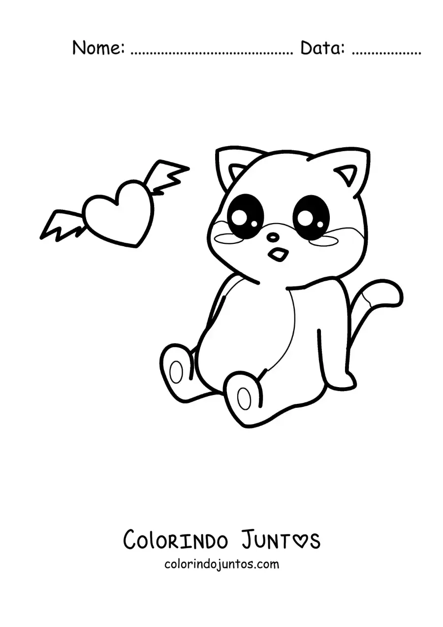 Desenho para colorir de gato kawaii animado sentado com um coração com asas