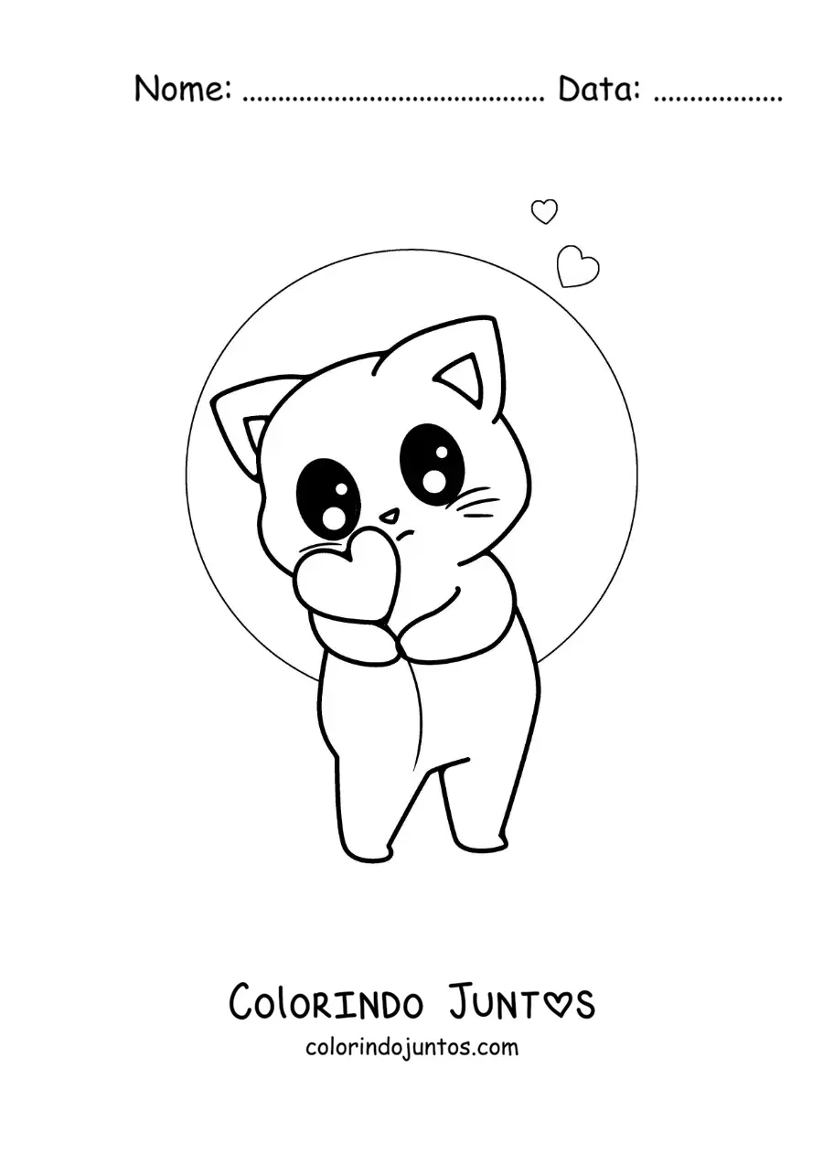 Desenho para colorir de gato kawaii animado com um balão de coração