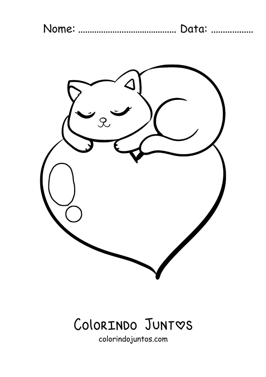 Desenho para colorir de gatinho fofo dormindo sobre um coração