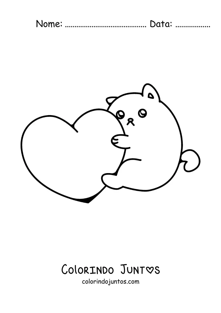 Desenho para colorir de gatinho fofo abraçando um coração