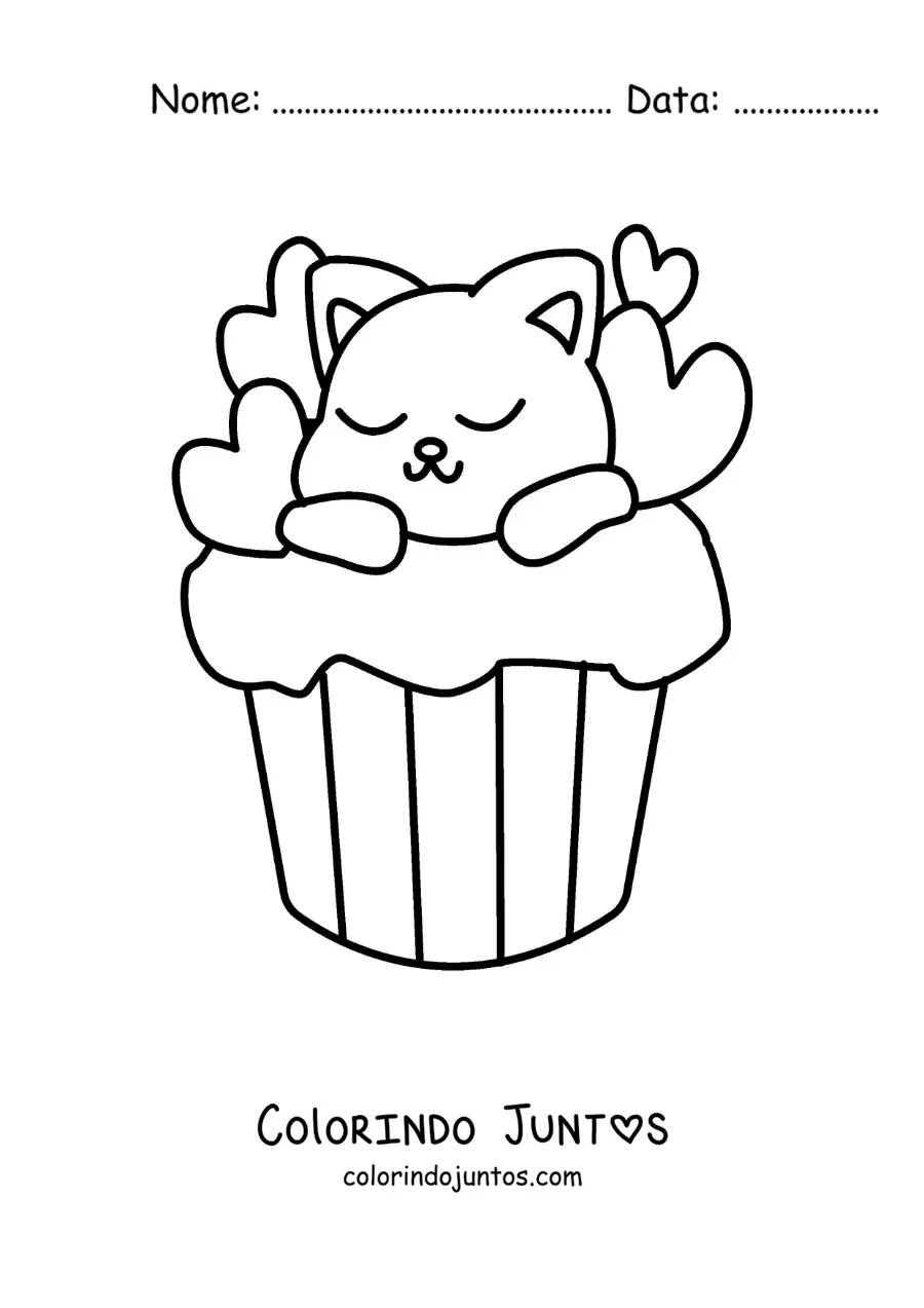 Desenho para colorir de gato fofo dormindo em um cupcake de corações
