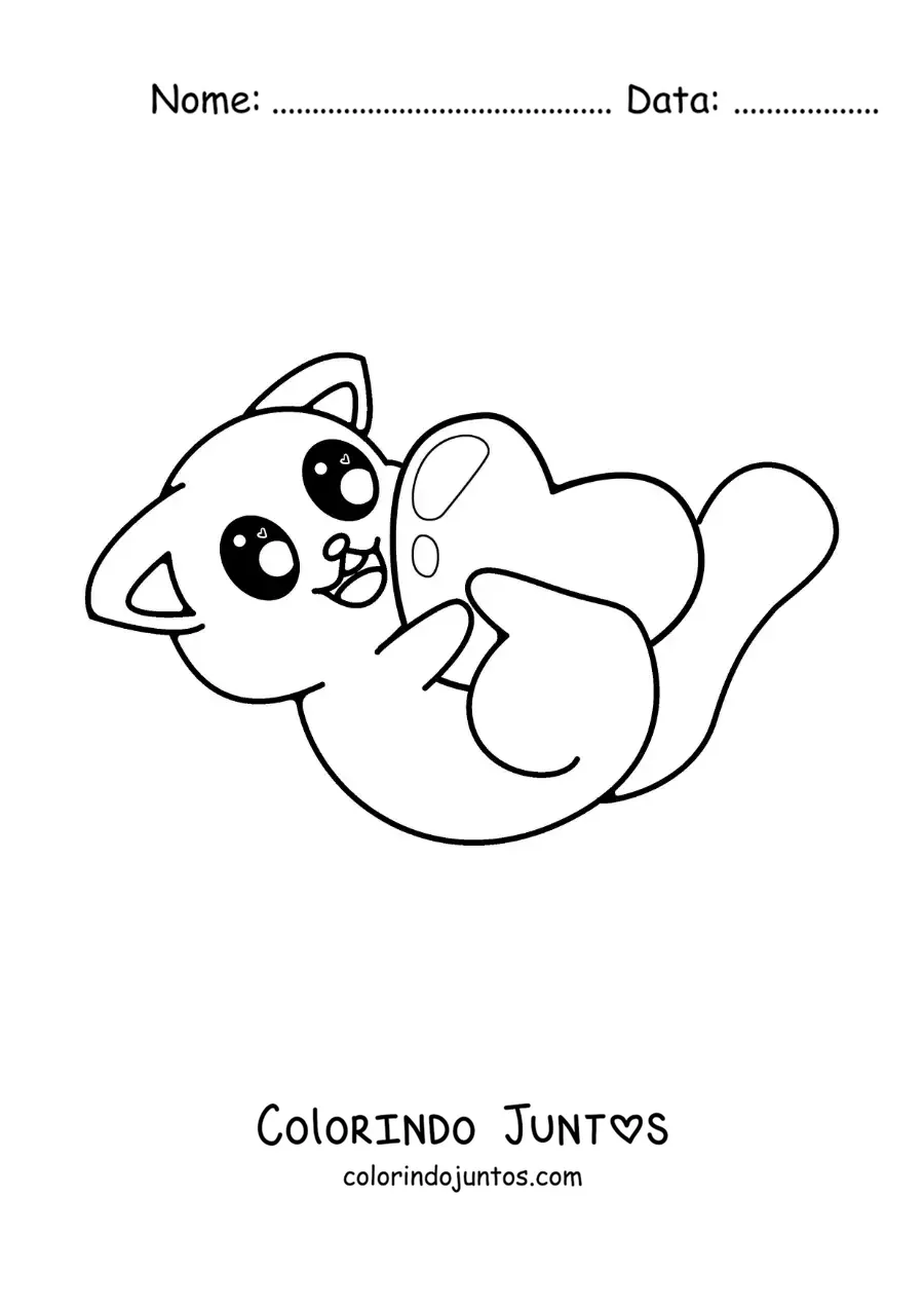 Desenho para colorir de gato kawaii brincando com um coração