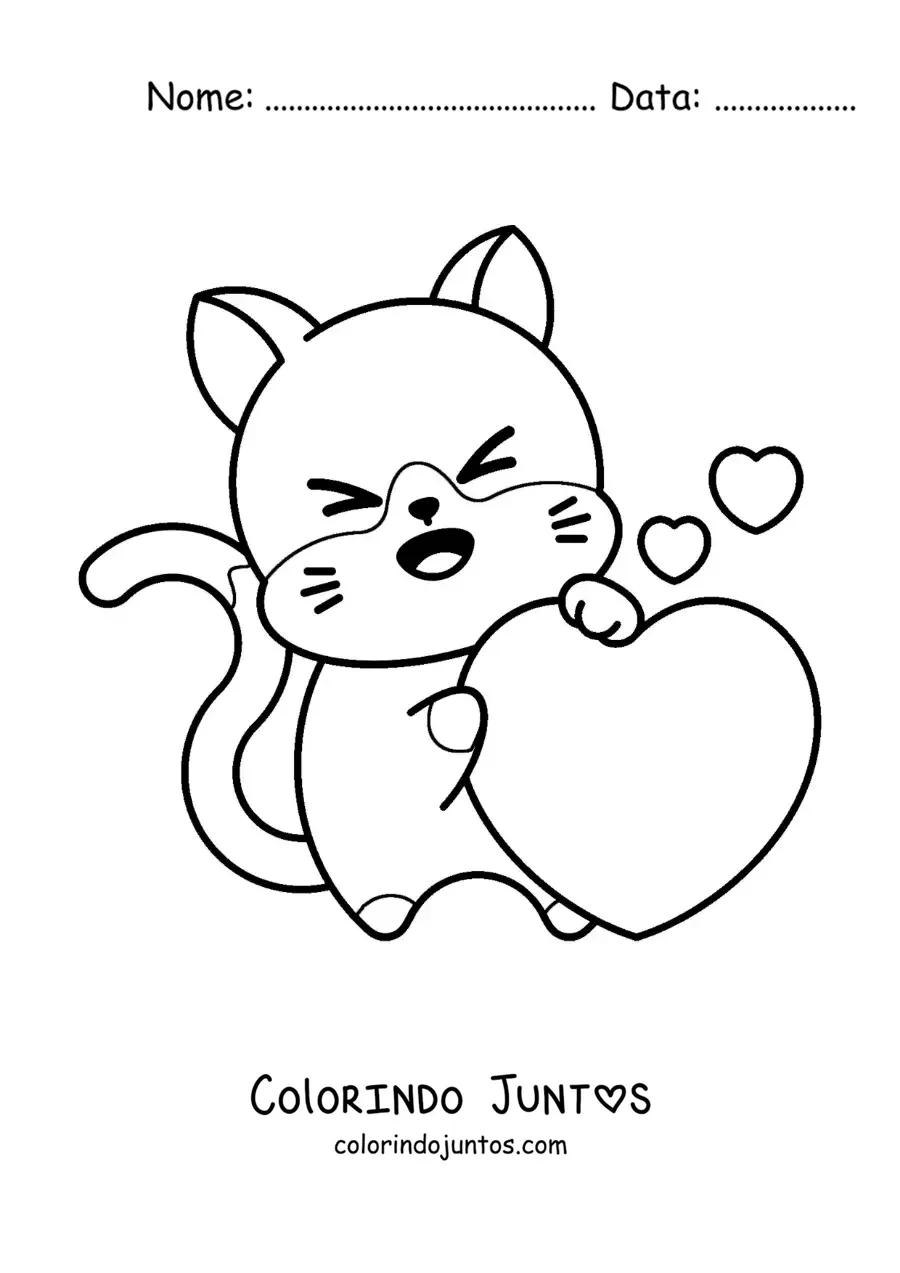 Desenho para colorir de gato kawaii com um coração grande