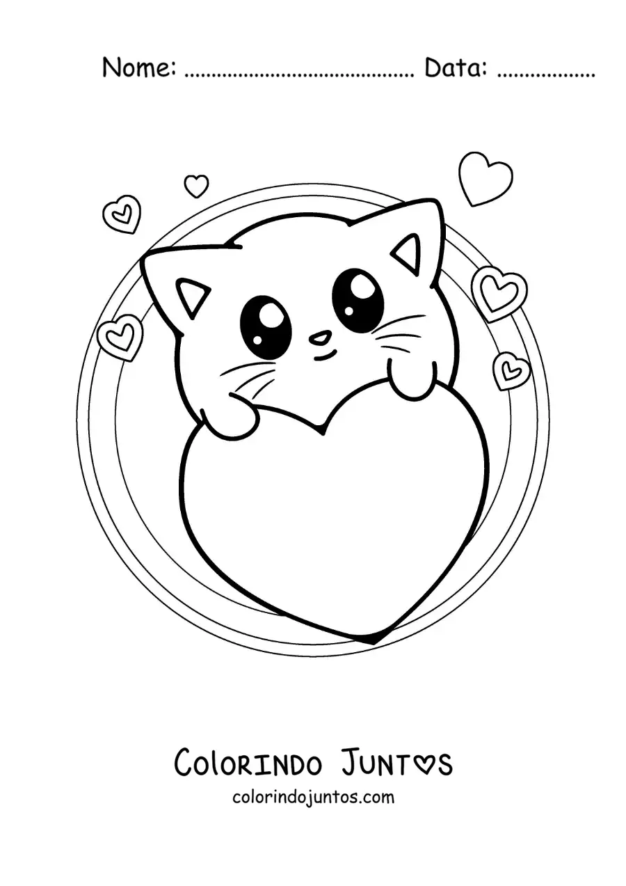Desenho para colorir de gato kawaii fofo com corações de São Valentim