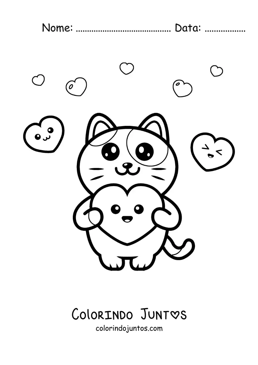 Desenho para colorir de gato fofo animado com corações kawaii