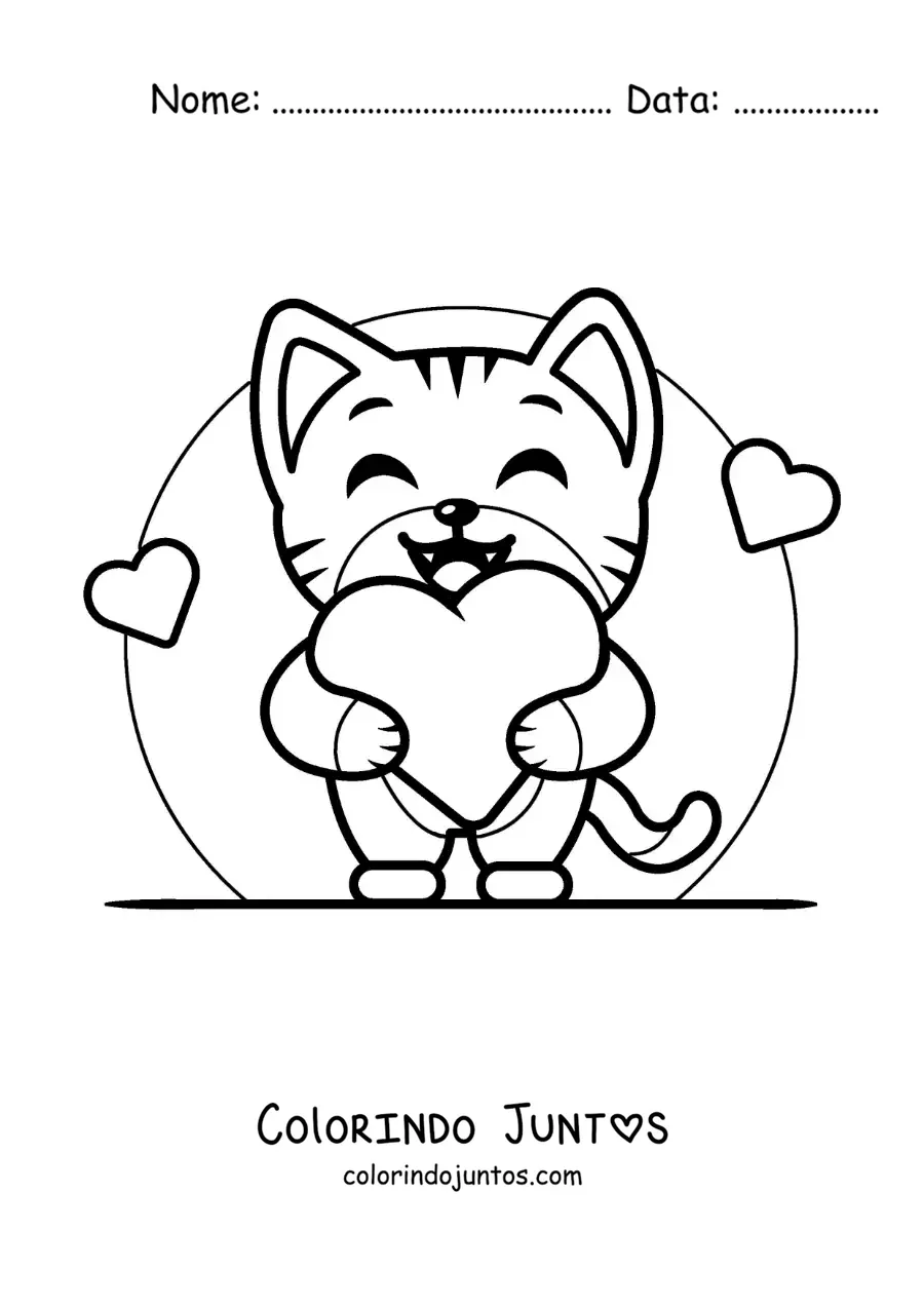 Desenho para colorir de gato animado com corações