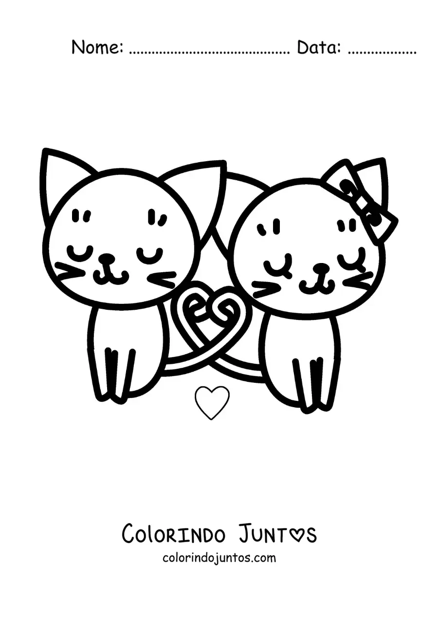 Desenho para colorir de gatinhos fofos apaixonados com os rabos formando um coração
