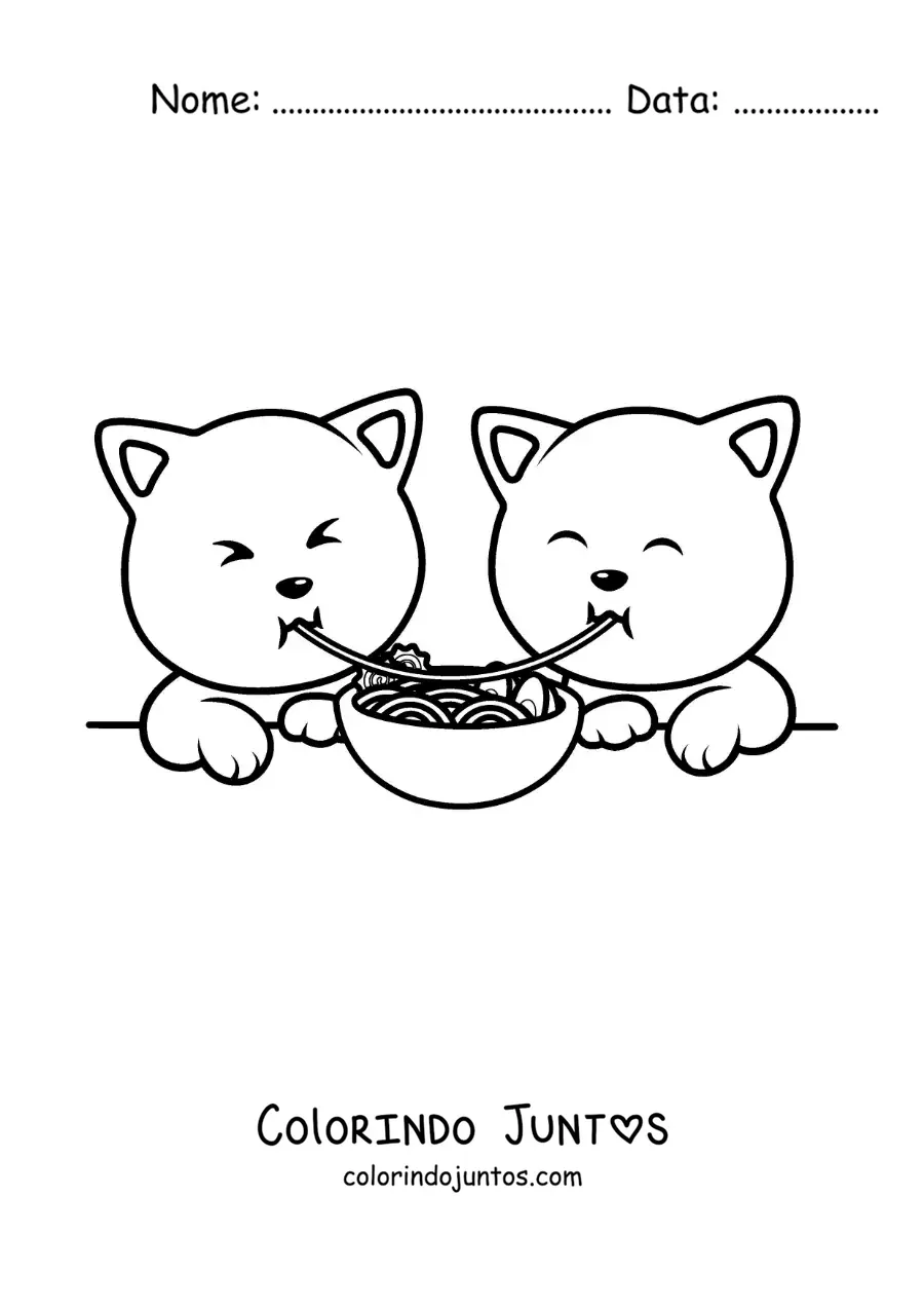 Desenho para colorir de gatinhos apaixonados jantando espaguete