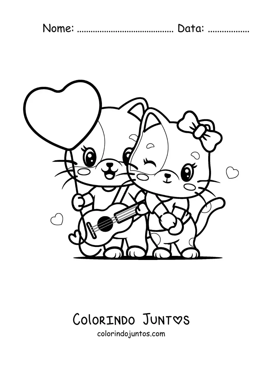 Desenho para colorir de gatinhos roqueiros apaixonados com um balão de coração