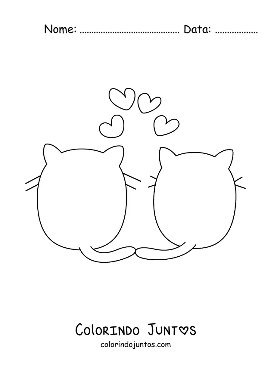 Desenho para colorir de silhueta de dois gatos apaixonados com corações