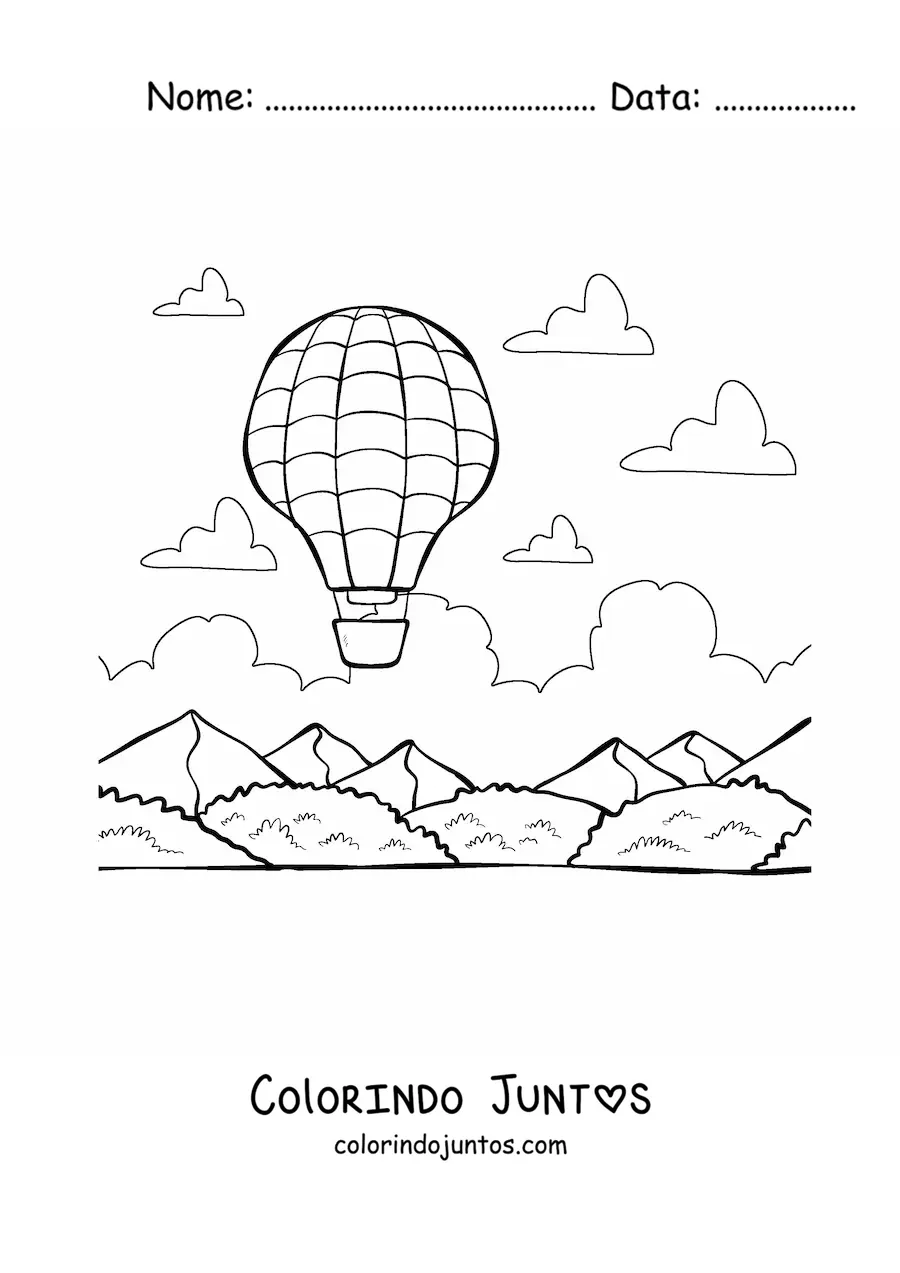 Desenho para colorir de um balao de ar quente voando entre montanhas