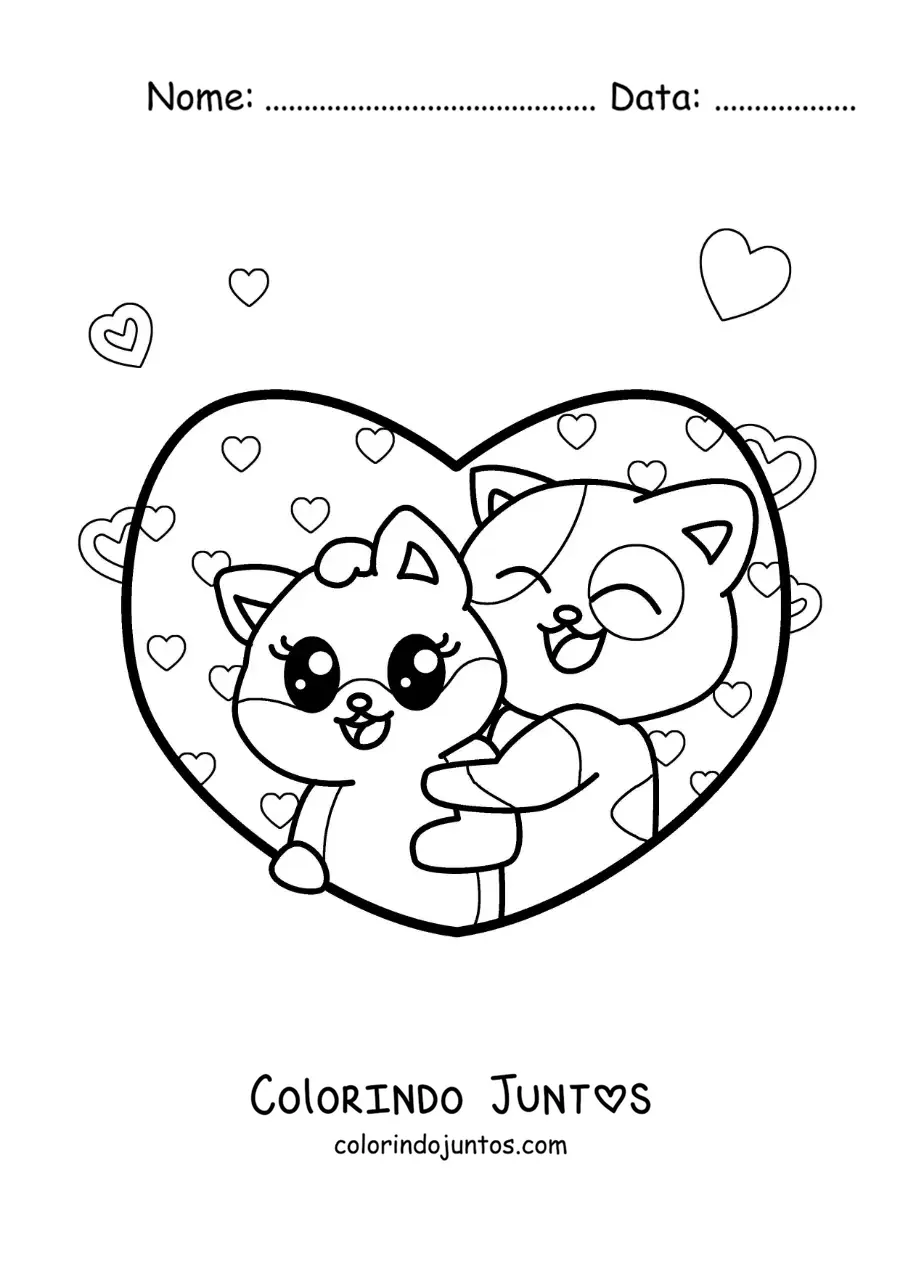 Desenho para colorir de dois gatos fofos apaixonados rodeados de corações