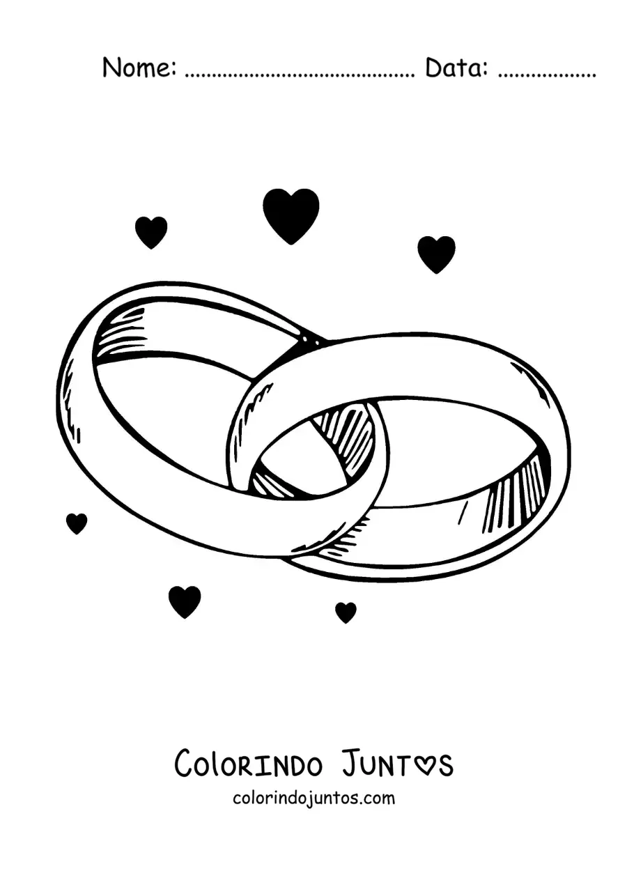 Desenho para colorir de anéis de noivado entrelaçados com corações