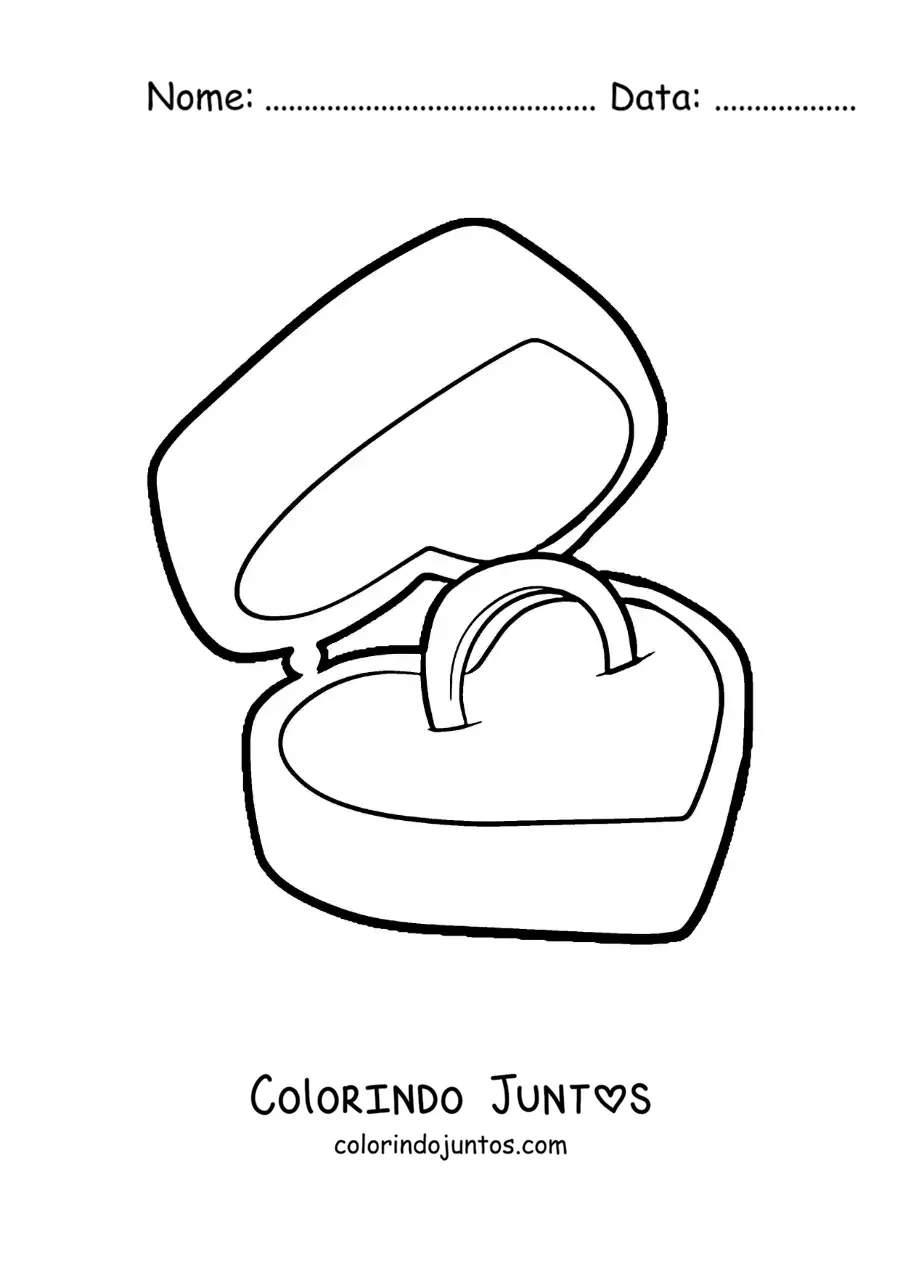 Desenho para colorir de anel de noivado em uma caixa em forma de coração