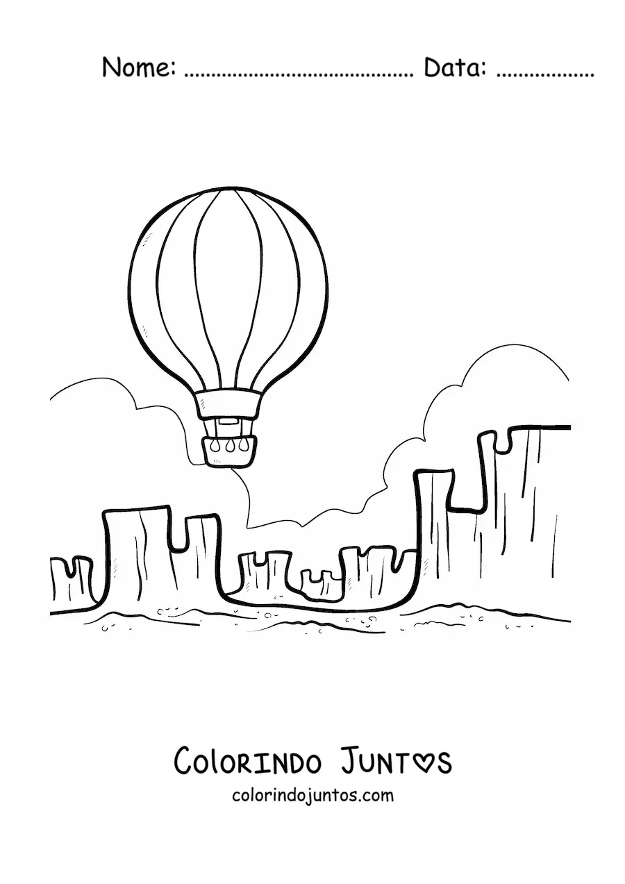Desenho para colorir de um balao de ar quente voando no deserto