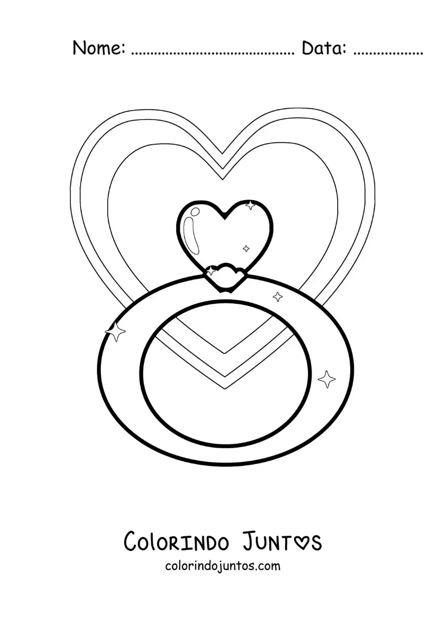 Desenho para colorir de anel de coração com corações ao fundo