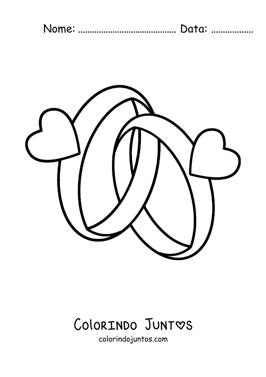 Desenho para colorir de alianças de casamento entrelaçadas com corações