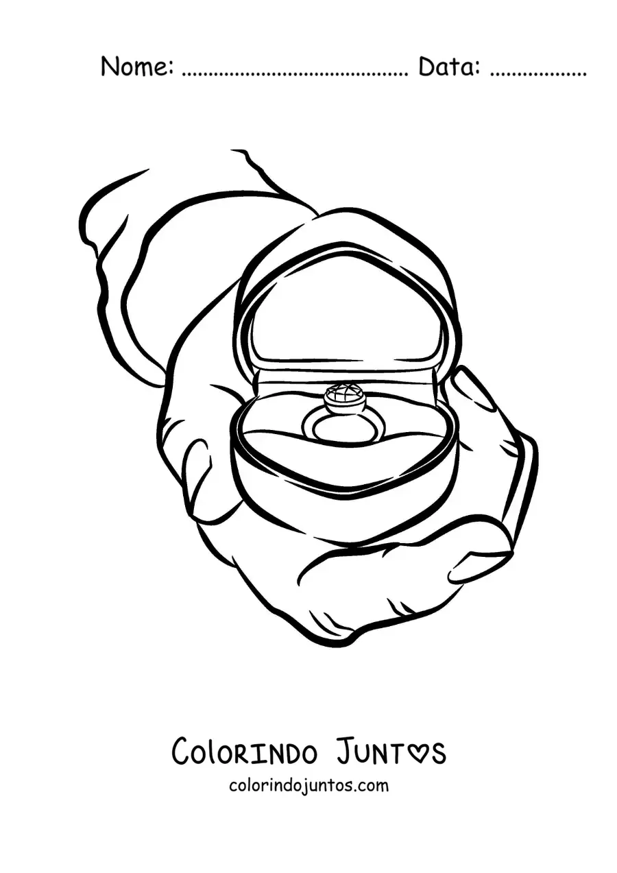Desenho para colorir de uma mão com um anel de noivado na sua caixa em forma de coração