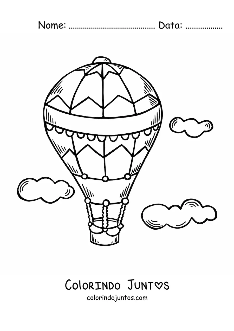 Desenho para colorir de um balao de ar quente voando no ceu