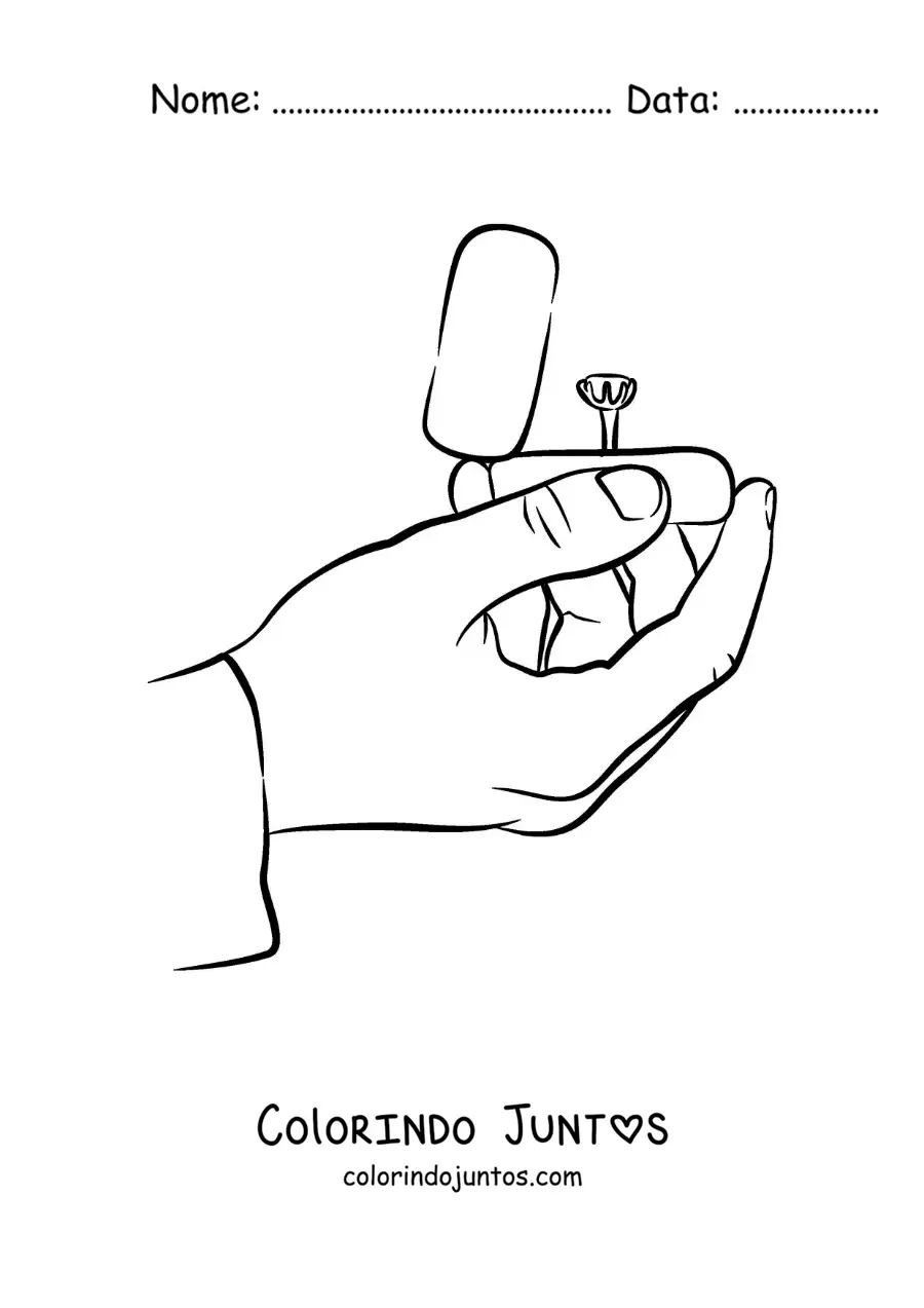 Desenho para colorir de uma mão com um anel de noivado na sua caixa